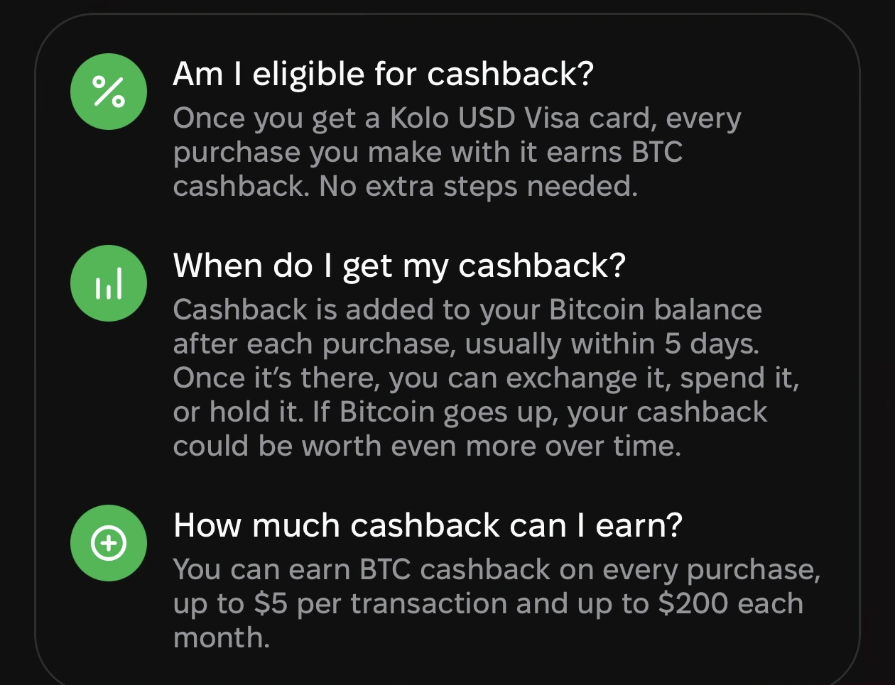 Kolo cashback FAQ showing: every purchase earns BTC cashback, credited within 5 days, capped at $5 per transaction and $200 per month