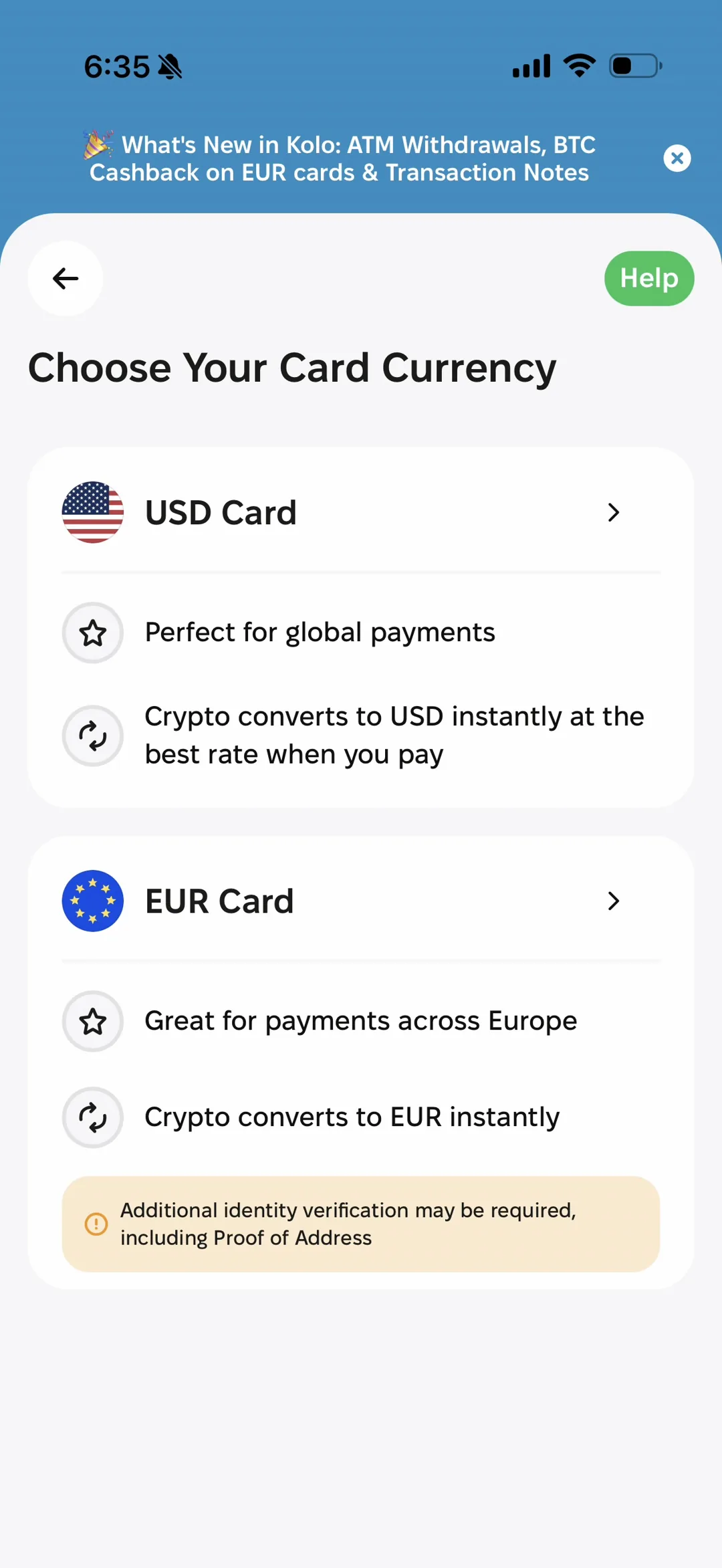 Kolo card-currency selection screen offering a USD card (perfect for global payments, crypto converts to USD instantly) or a EUR card (great for payments across Europe, crypto converts to EUR instantly), with a note that the EUR card may require additional identity verification including proof of address