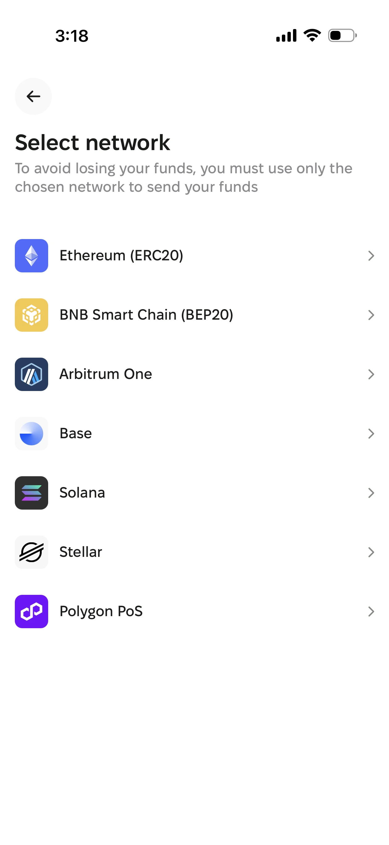 Kolo app network selection screen showing 7 supported blockchain networks: Ethereum ERC20, BNB Smart Chain BEP20, Arbitrum One, Base, Solana, Stellar, and Polygon PoS