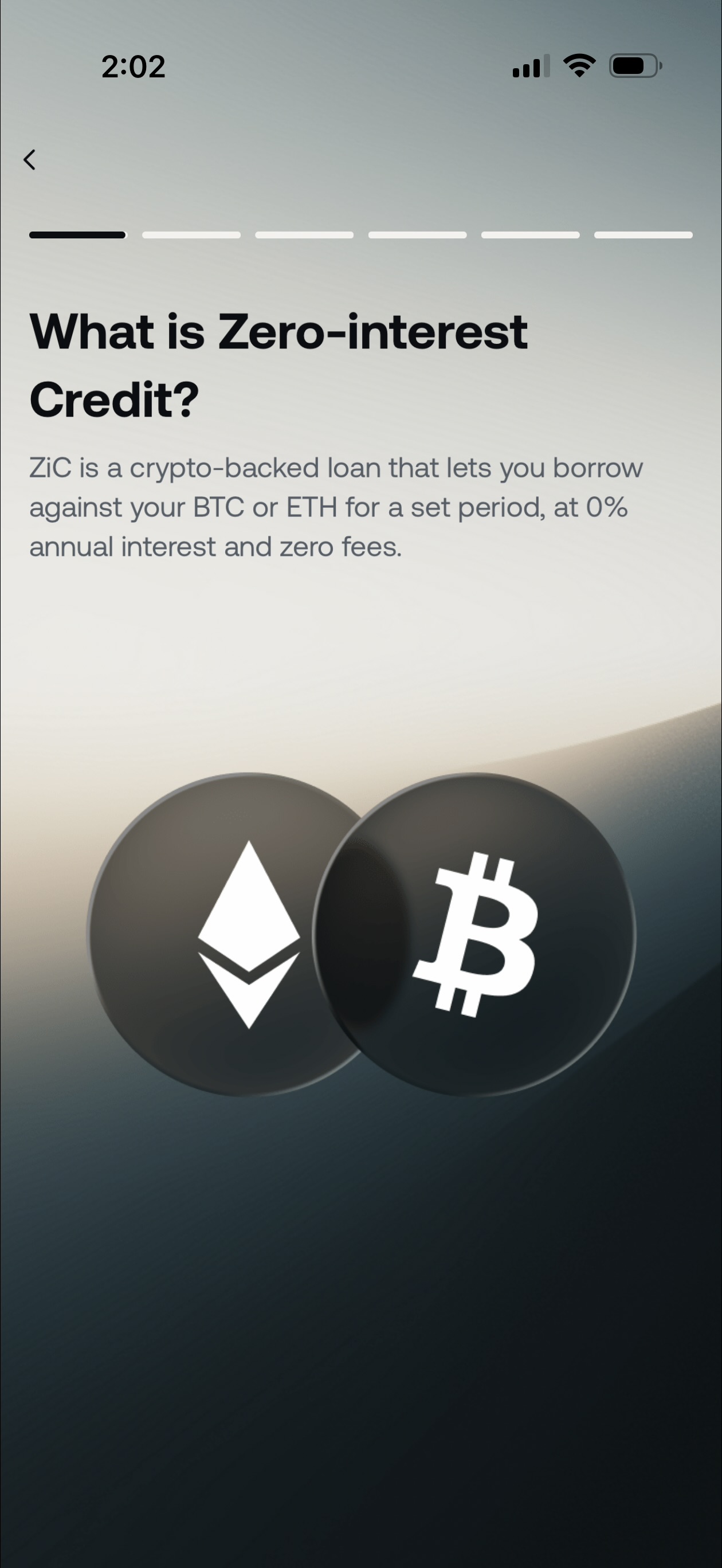 Nexo app Zero-Interest Credit explainer screen: ZiC is a crypto-backed loan that lets you borrow against your BTC or ETH for a set period at 0% annual interest and zero fees