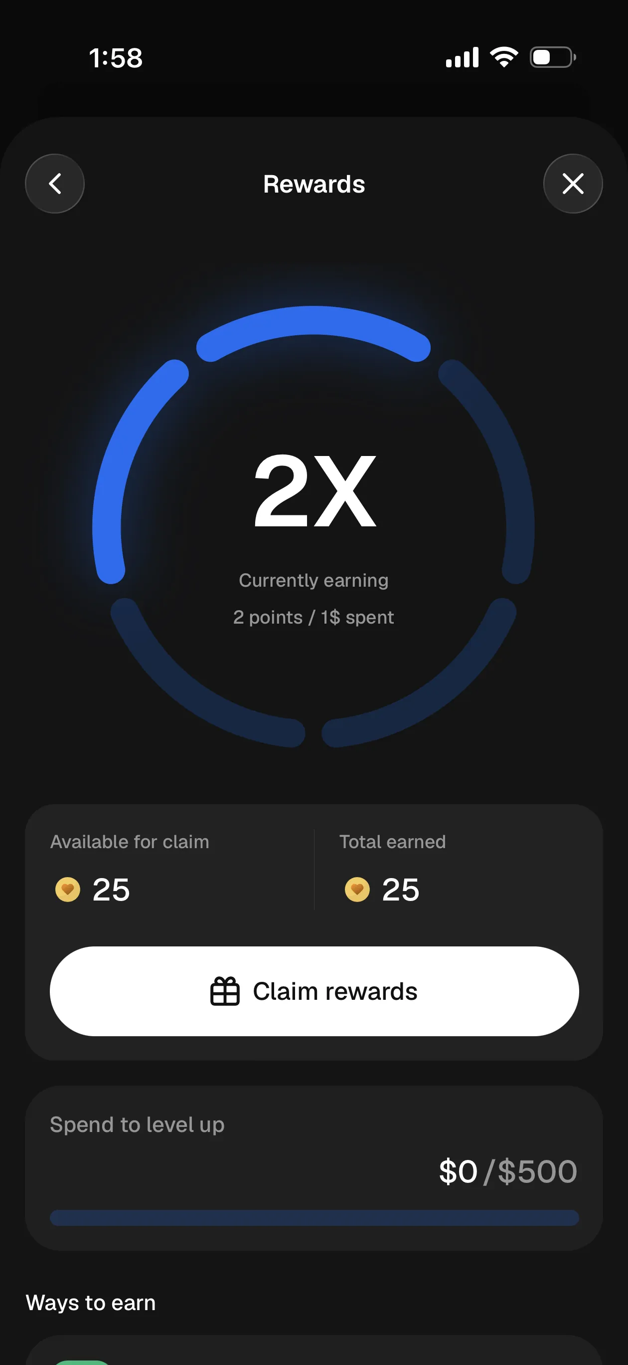 Oobit rewards screen showing a 2X level earning two points per dollar spent, points available to claim, and a spend-to-level-up progress bar