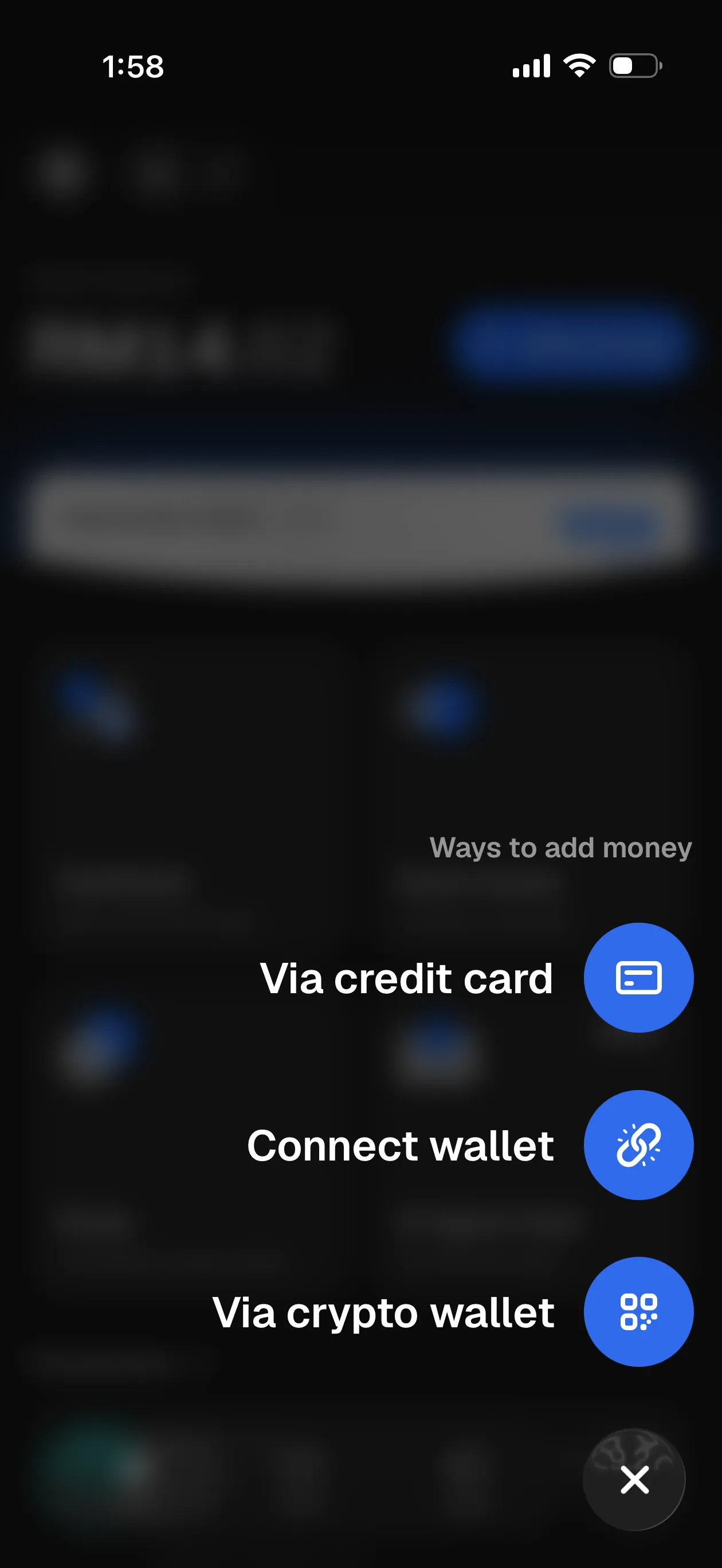 Oobit ways-to-add-money sheet showing Via credit card, Connect wallet, and Via crypto wallet options
