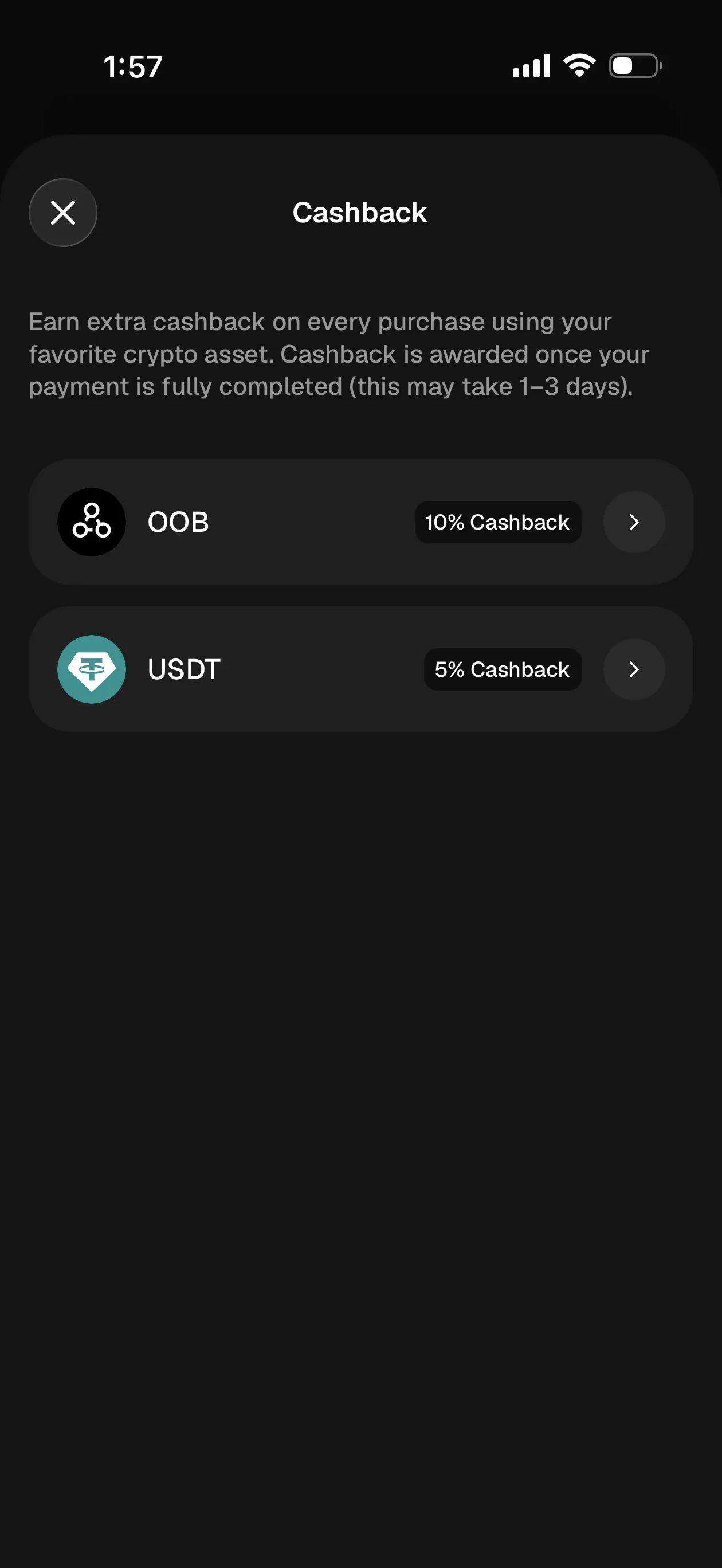 Oobit in-app cashback screen showing 5% for USDT spend and 10% for OOB spend