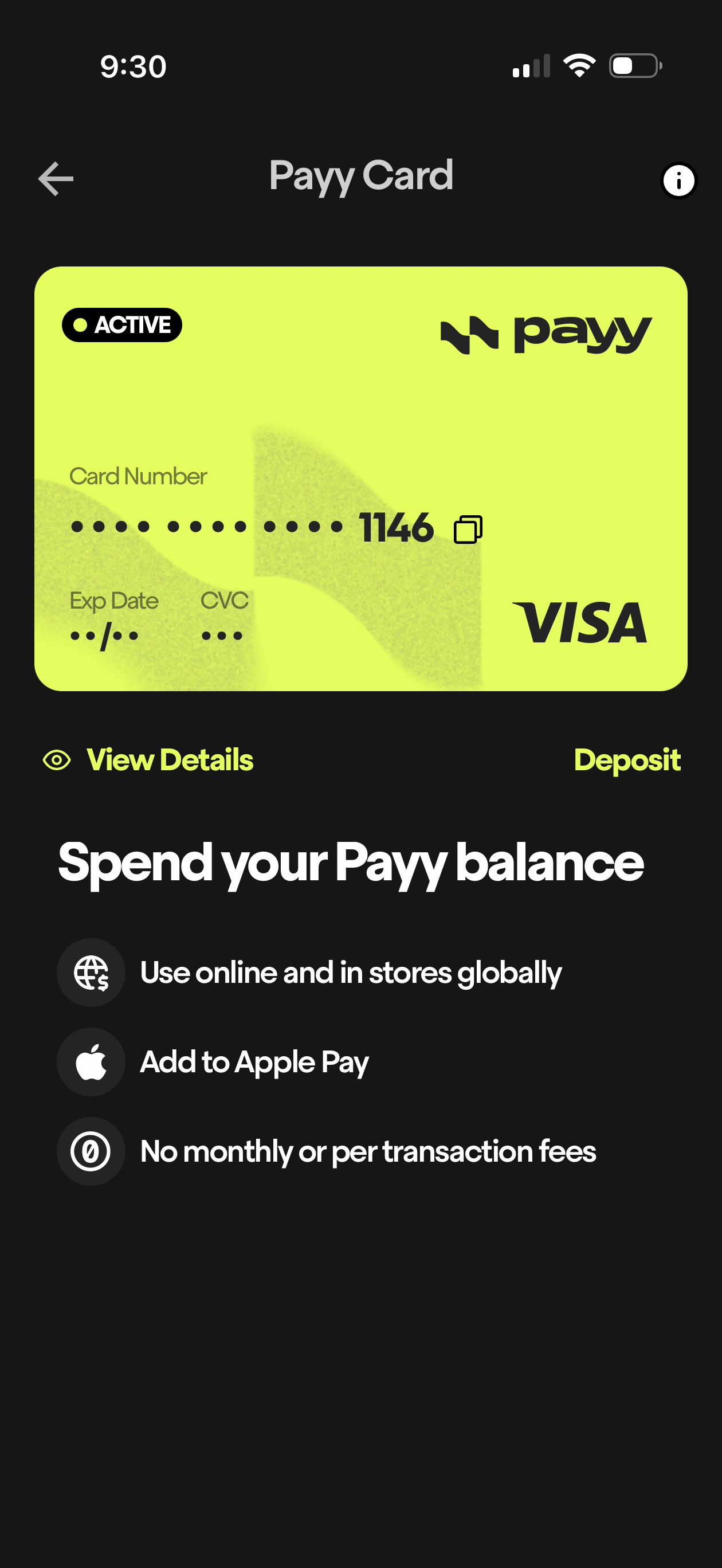 Payy Card active in the app - showing Visa branding, Apple Pay support, and no-fee messaging