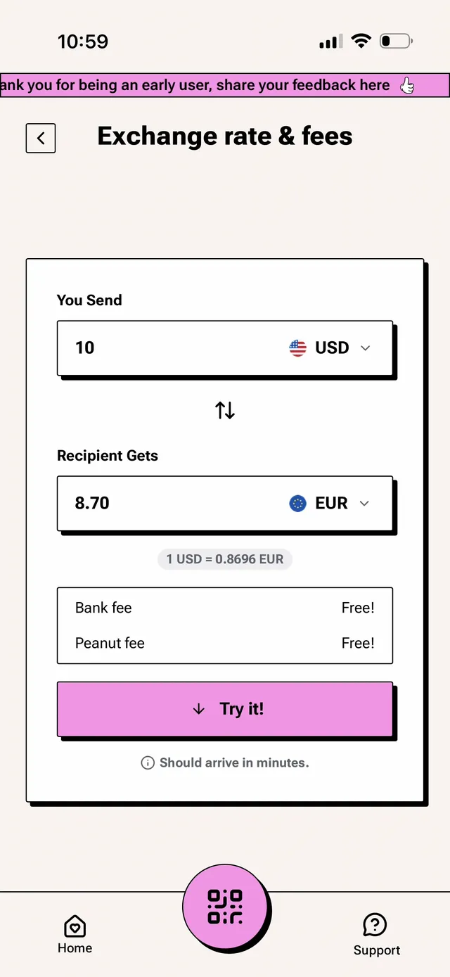 Peanut exchange rate and fees screen showing a 10 USD to 8.70 EUR quote at 1 USD = 0.8696 EUR with bank fee free and Peanut fee free