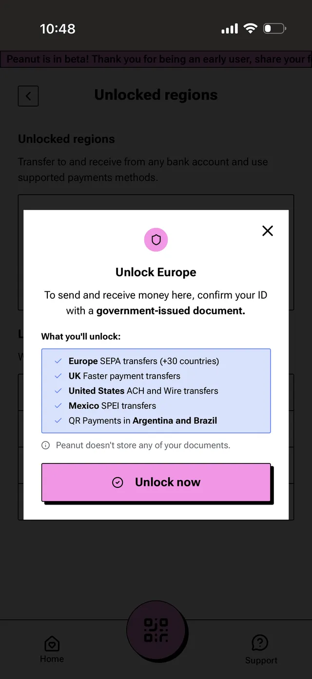 Peanut Unlock Europe dialog listing what verification unlocks: SEPA transfers in over 30 countries, UK Faster Payments, US ACH and wire transfers, Mexico SPEI, and QR payments in Argentina and Brazil