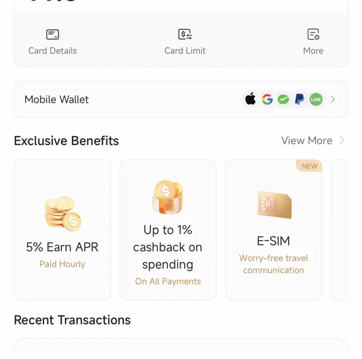 Pionex Card benefits showing 5 percent Earn APR paid hourly, up to 1 percent cashback on all payments, mobile-wallet support, and an eSIM benefit