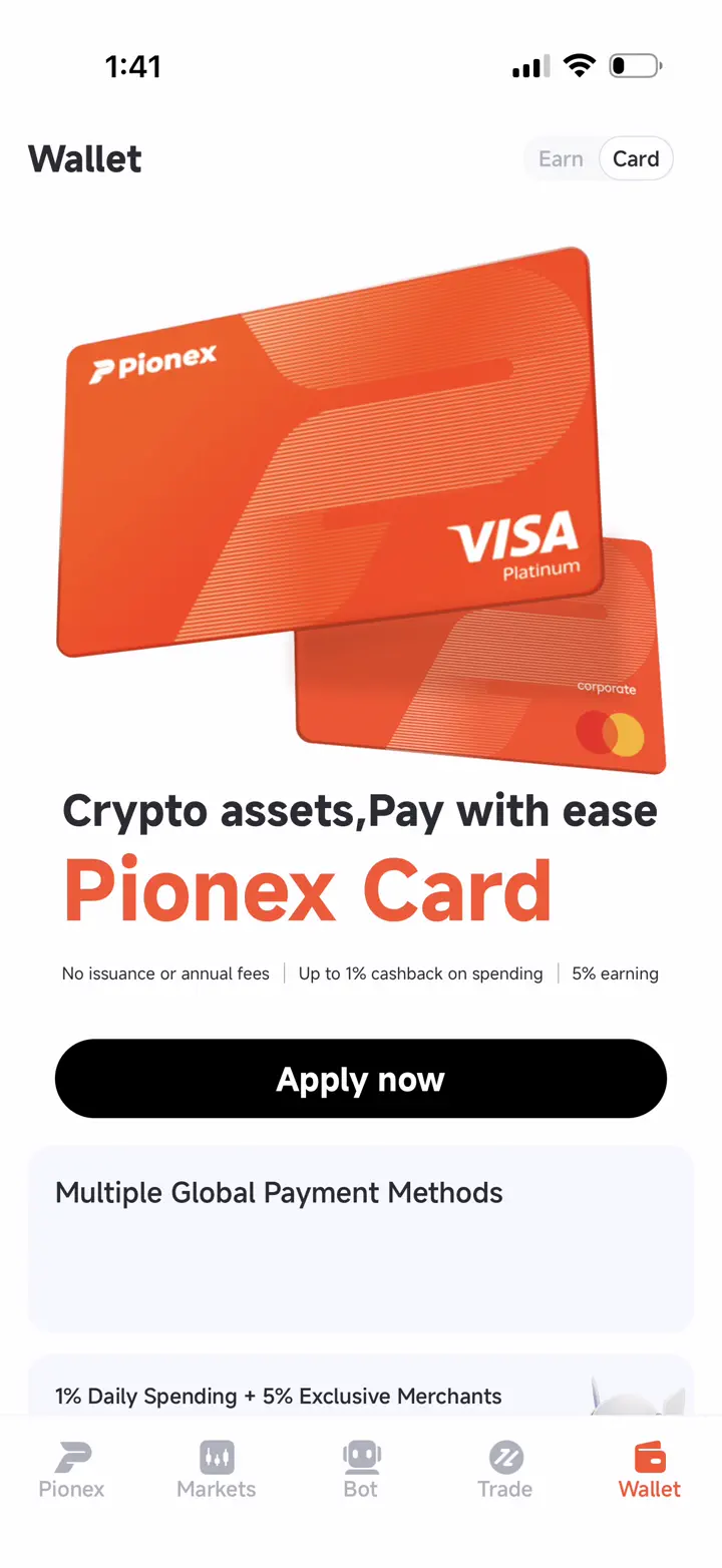 Pionex Card application screen advertising no issuance or annual fee, up to 1 percent cashback, 5 percent earning, and displaying Visa and Mastercard card artwork