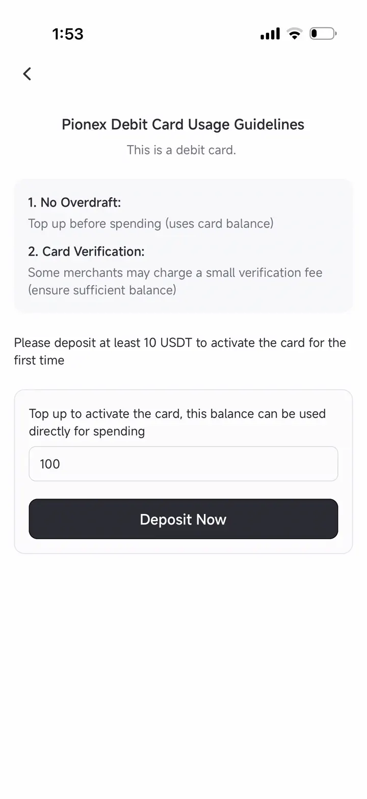 Pionex debit card guidelines explaining that the card has no overdraft, must be topped up before spending, and requires at least 10 USDT for first activation
