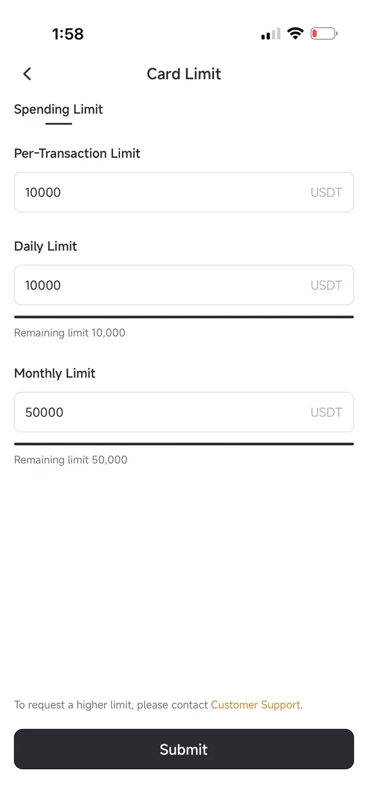 Pionex Card limits showing 10,000 USDT per transaction, 10,000 USDT daily, and 50,000 USDT monthly