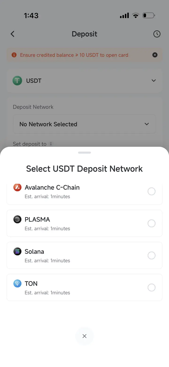 Pionex USDT deposit selector showing Avalanche C-Chain, Plasma, Solana, and TON