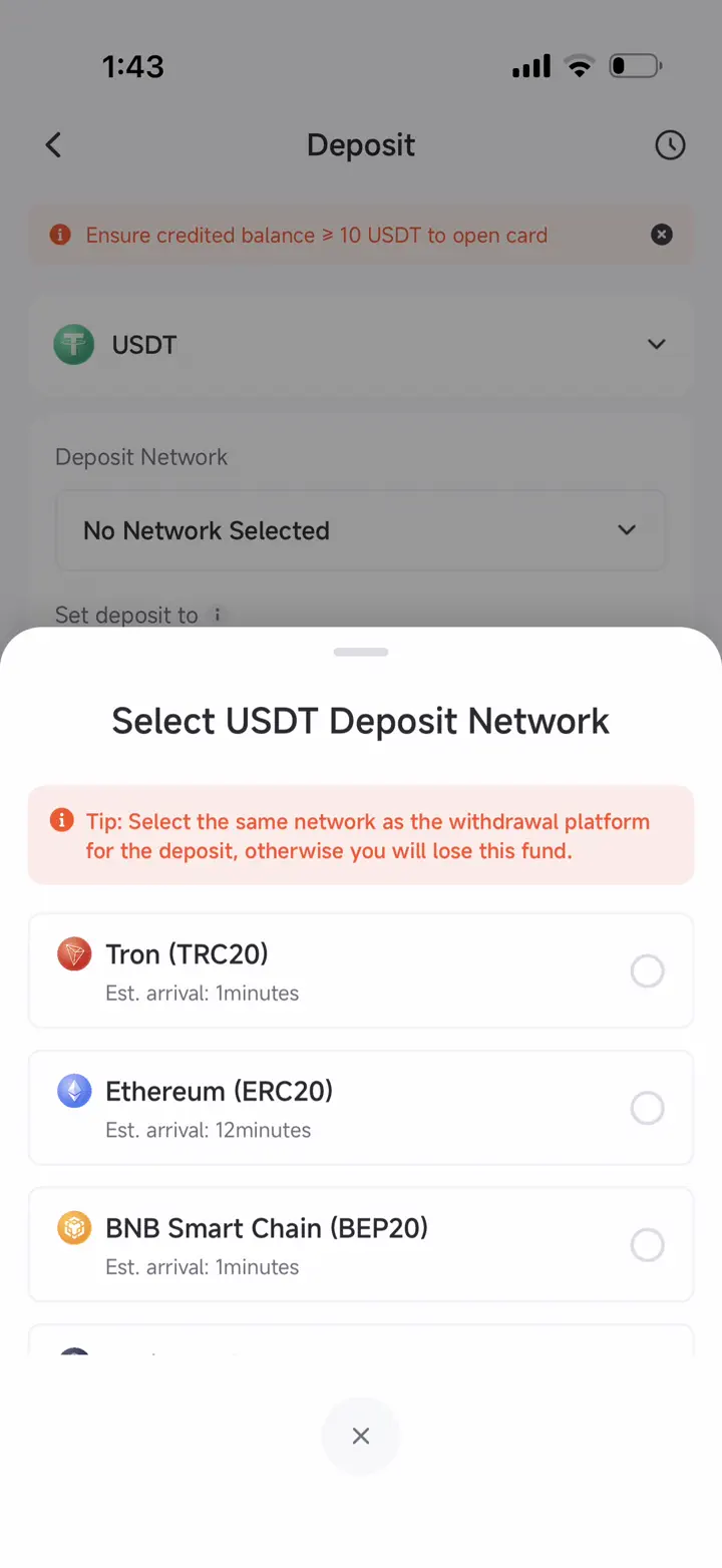 Pionex USDT deposit selector showing Tron TRC20, Ethereum ERC20, and BNB Smart Chain BEP20
