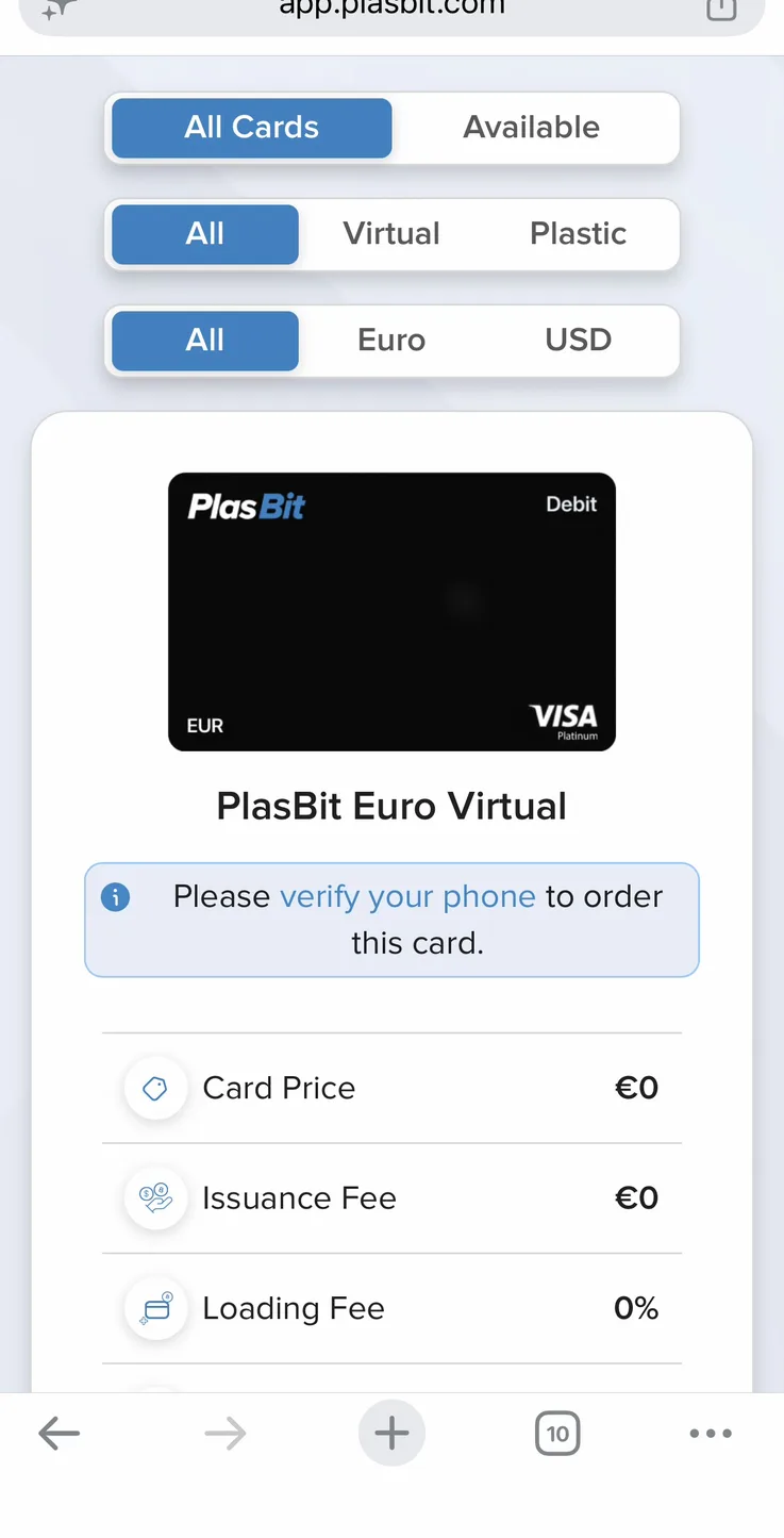 PlasBit cards tab showing All Cards filters for virtual, plastic, Euro and USD with the Euro Virtual Visa Platinum card