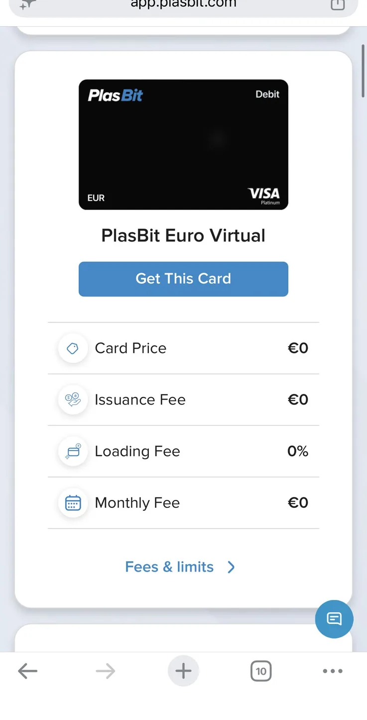 PlasBit Euro Virtual card screen showing card price 0, issuance fee 0, loading fee 0 percent, and monthly fee 0