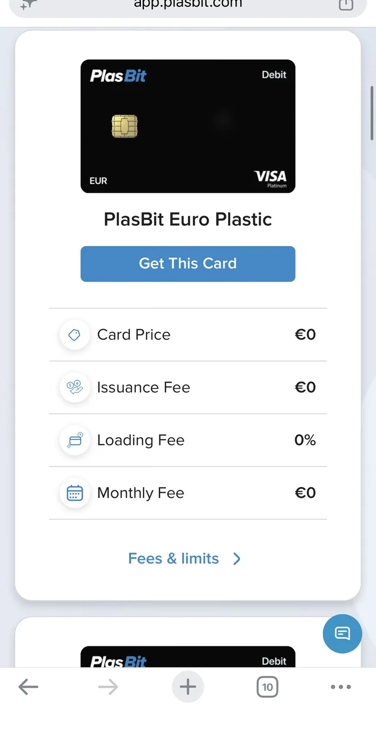 PlasBit Euro Plastic Visa Platinum card screen showing zero card price, issuance, loading and monthly fees