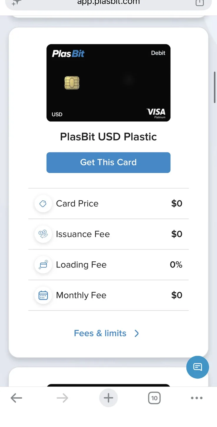PlasBit USD Plastic Visa Platinum card screen showing zero card price, issuance, loading and monthly fees