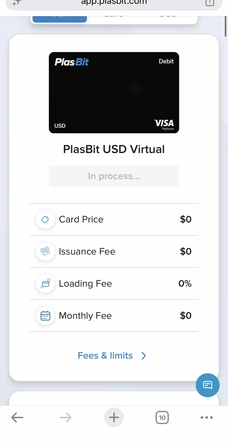 PlasBit USD Virtual card order showing in process status with zero fees on every line