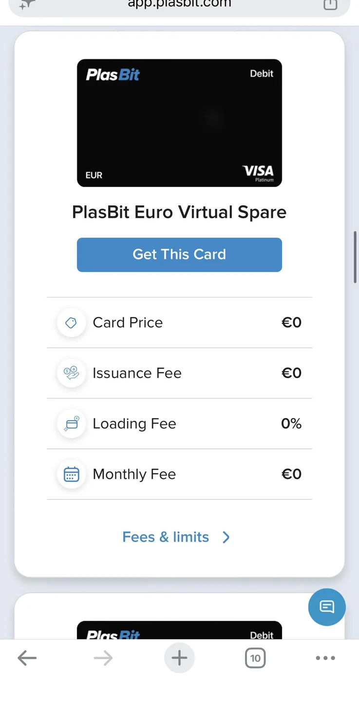 PlasBit Euro Virtual Spare card screen with zero card price, issuance, loading and monthly fees