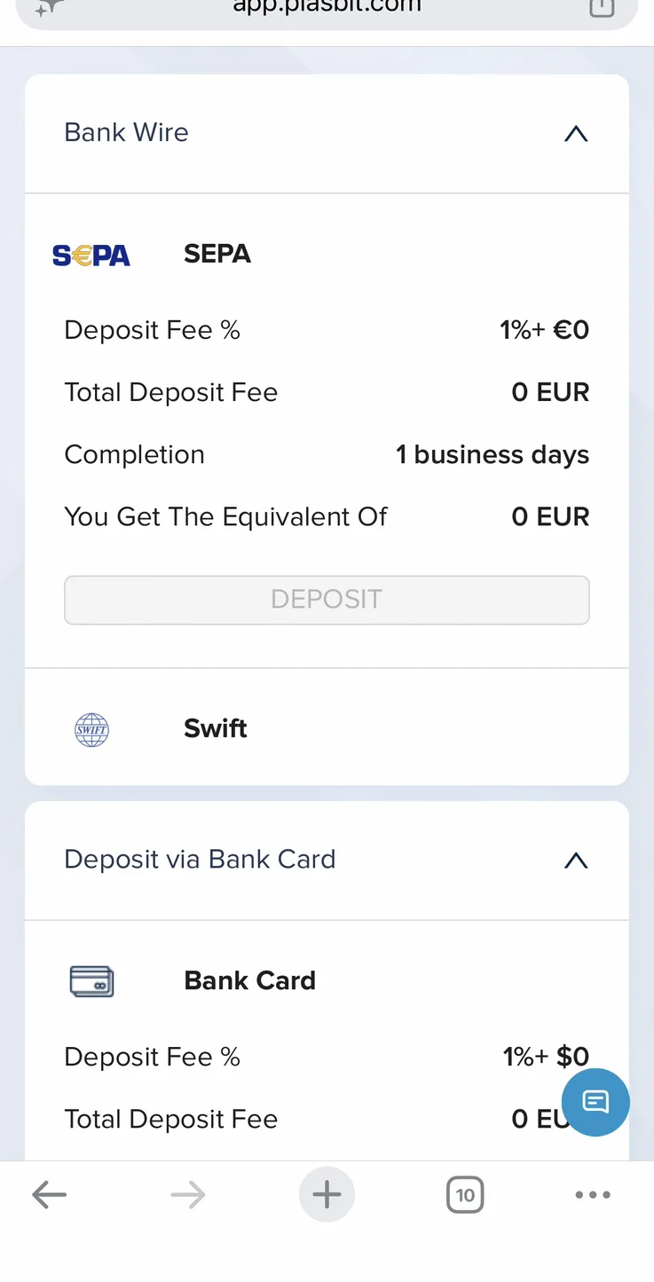 PlasBit deposit screen showing SEPA bank wire at 1 percent plus zero euro fee and bank card deposit option
