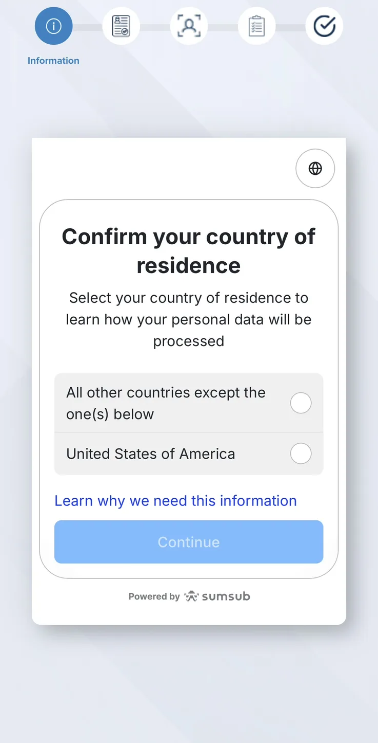PlasBit Sumsub verification screen asking to confirm country of residence with United States listed separately