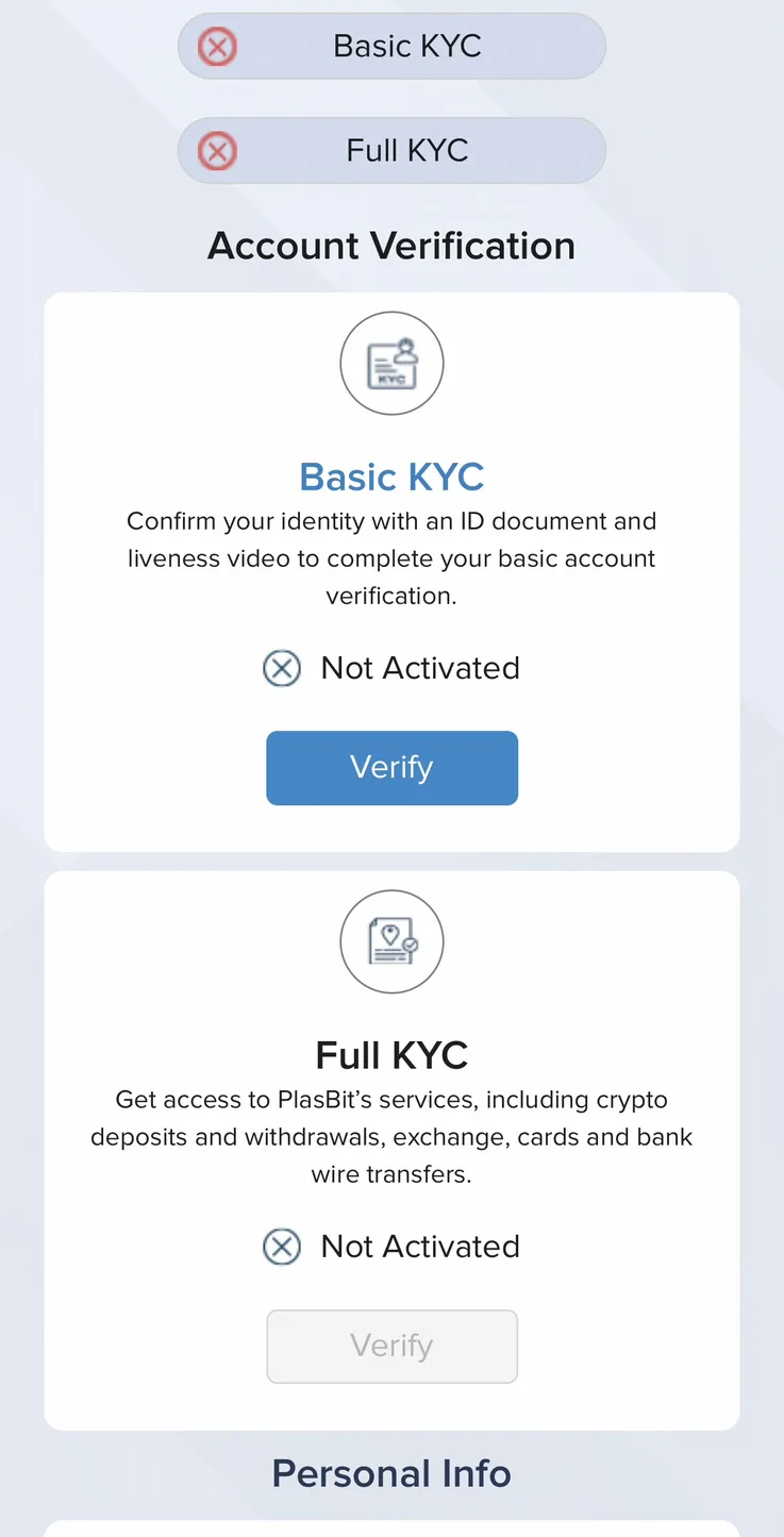 PlasBit account verification screen showing Basic KYC with ID document and liveness video and Full KYC unlocking deposits, exchange, cards and wire transfers