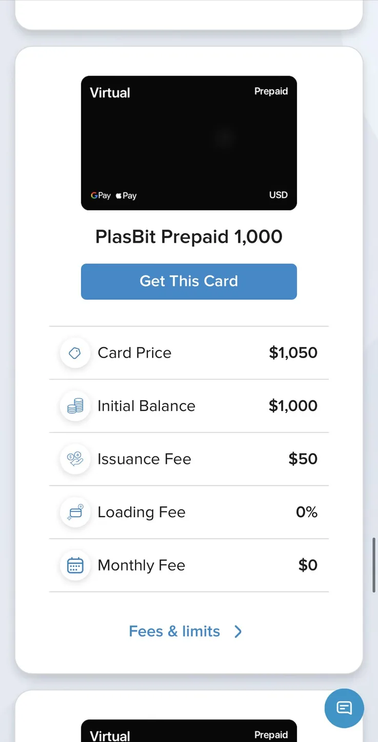 PlasBit Prepaid 1000 card screen showing 1000 dollar balance, 50 dollar issuance fee, zero loading and monthly fees