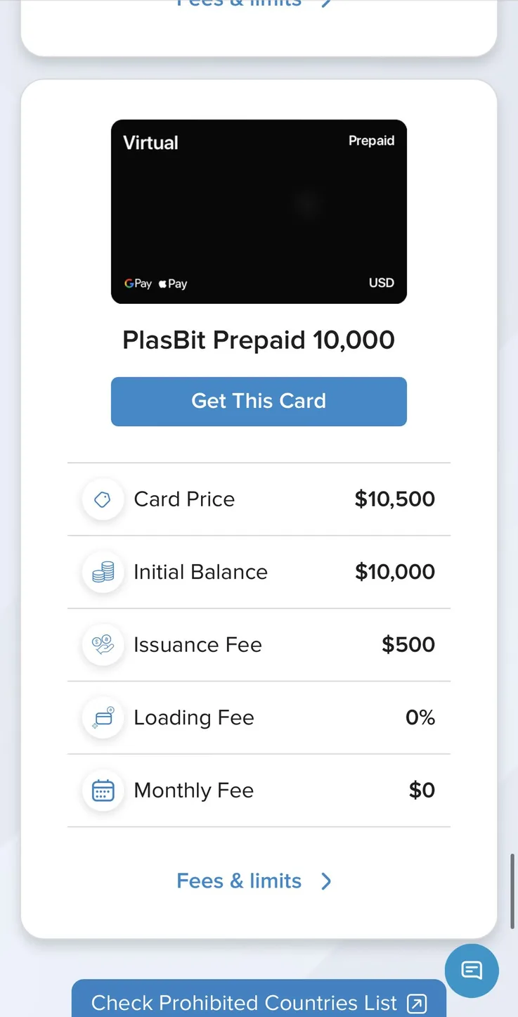 PlasBit Prepaid 10000 card screen showing 10000 dollar balance, 500 dollar issuance fee, zero loading and monthly fees