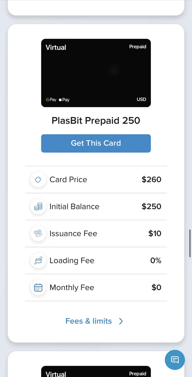 PlasBit Prepaid 250 card screen showing 250 dollar balance, 10 dollar issuance fee, zero loading and monthly fees