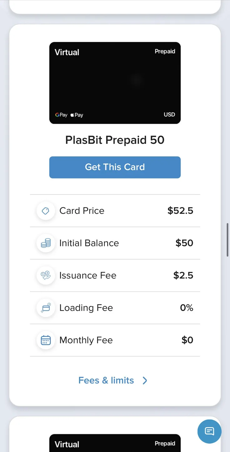 PlasBit Prepaid 50 card screen showing 50 dollar balance, 2.50 issuance fee, zero loading and monthly fees