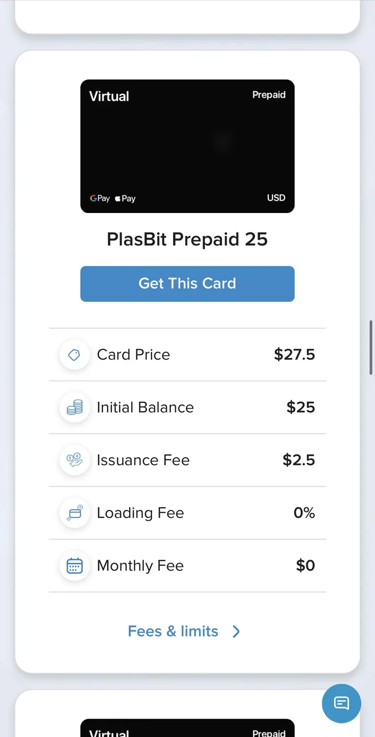 PlasBit Prepaid 25 card screen showing 25 dollar initial balance, 2.50 issuance fee, 0 percent loading fee, and 0 monthly fee