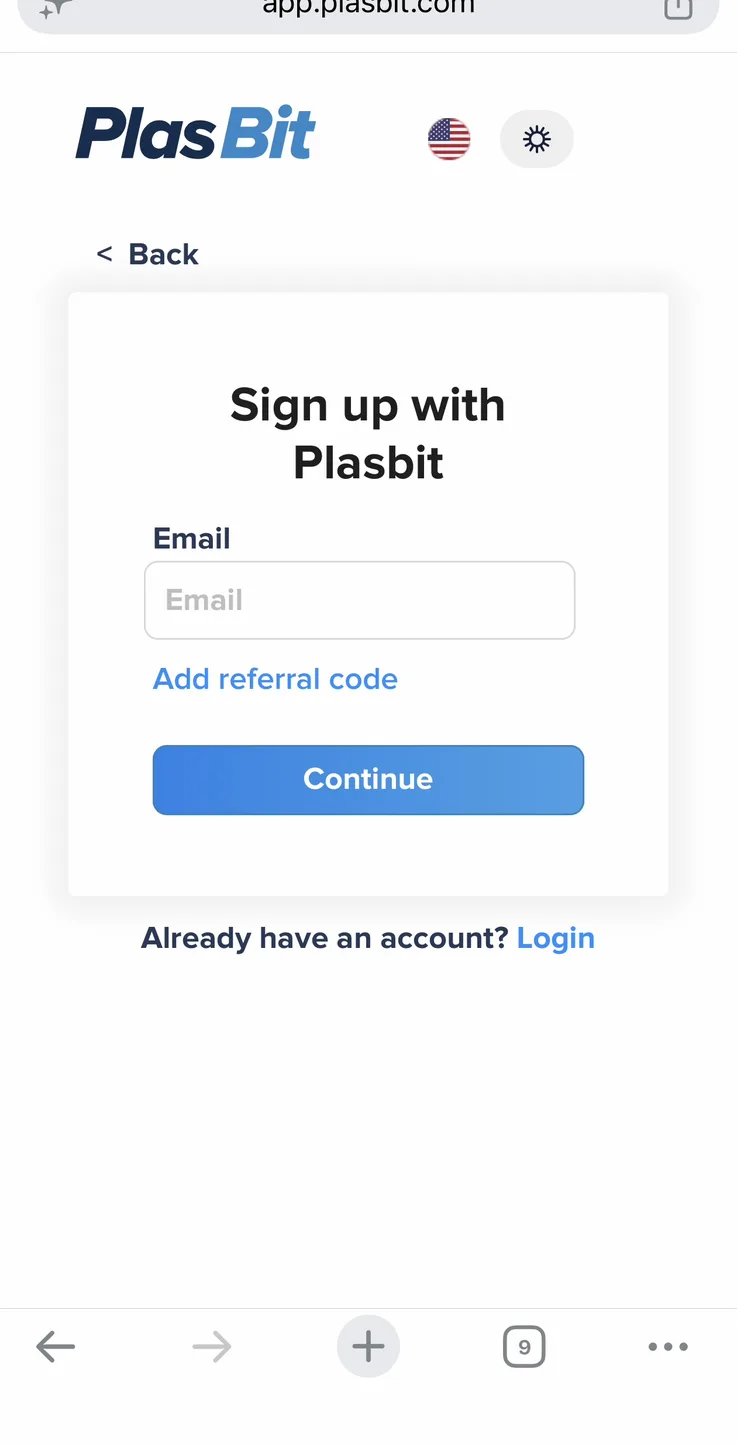 PlasBit signup screen with email field, referral code link, and continue button