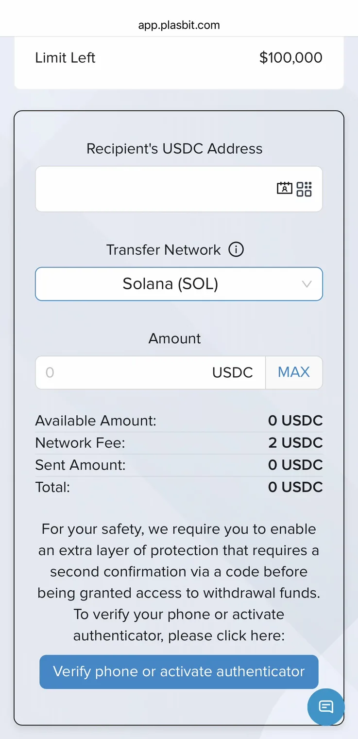 PlasBit USDC withdrawal screen on Solana network showing a 2 USDC network fee and 100,000 dollar limit