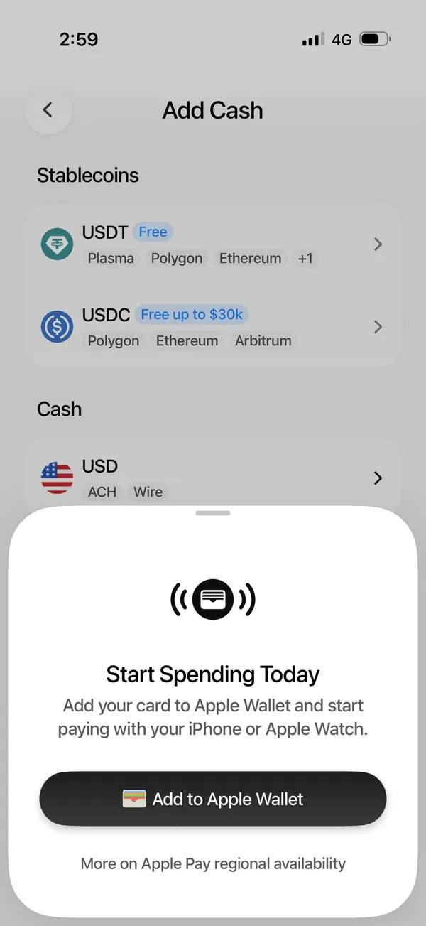 Plasma One Add Cash screen with Stablecoins section showing USDT (Free) on Plasma, Polygon, Ethereum and one more chain, USDC (Free up to $30k) on Polygon, Ethereum, Arbitrum, a Cash section with USD via ACH and Wire, and an Add to Apple Wallet prompt below