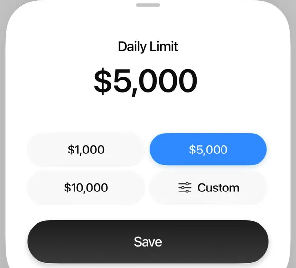Plasma One Daily Limit selector showing $5,000 as the active default with $1,000, $10,000, and Custom presets, plus a Save button