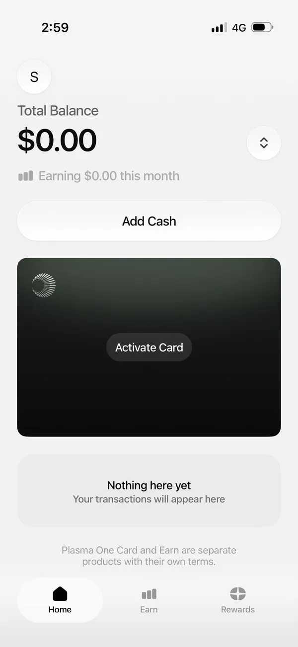 Plasma One app Home screen showing a dark gradient Plasma One Card with an Activate Card button, Total Balance $0.00, an Add Cash button, and a bottom navigation with Home, Earn, and Rewards tabs