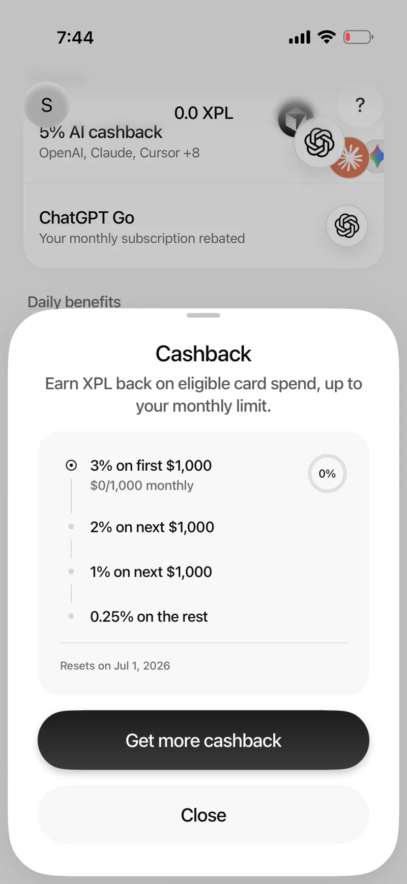 Plasma One cashback detail showing a tiered structure: 3 percent on the first $1,000, 2 percent on the next $1,000, 1 percent on the next $1,000, and 0.25 percent on the rest, resetting monthly