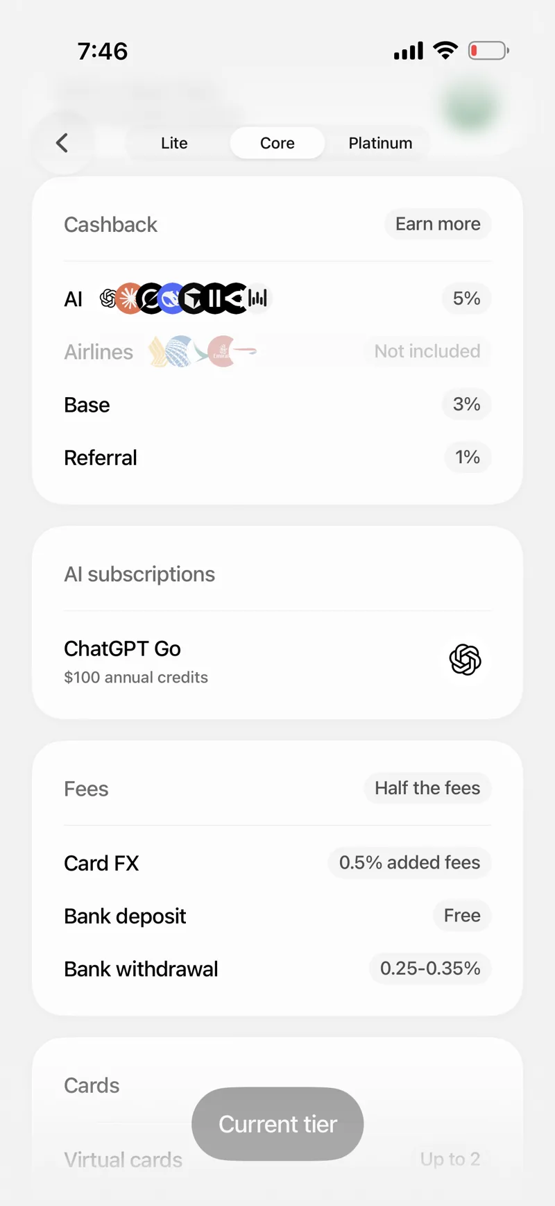 Plasma One Core cashback and fees: 5% AI, 3% base, 1% referral, airlines not included, ChatGPT Go rebate, 0.5% Plasma FX markup, free bank deposits, and 0.25-0.35% bank withdrawals