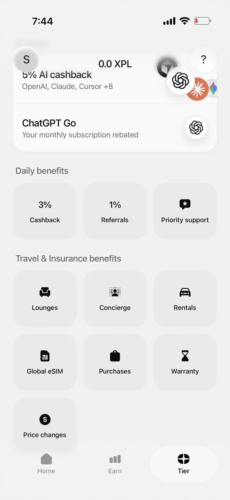 Plasma One Core tier dashboard showing 5% AI cashback across OpenAI, Claude, Cursor and more, a rebated ChatGPT Go subscription, and daily benefits of 3% cashback, 1% referrals, and priority support