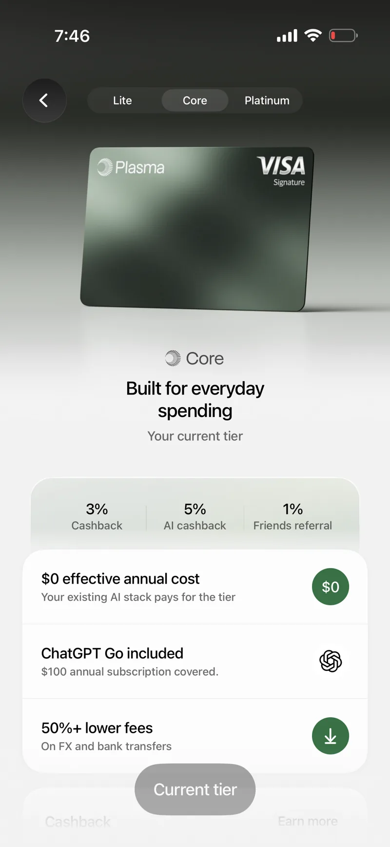 Plasma One Core tier screen showing the green Visa Signature card, 3% cashback, 5% AI cashback, 1% friends referral, a ChatGPT Go rebate, and 50%+ lower fees on FX and bank transfers