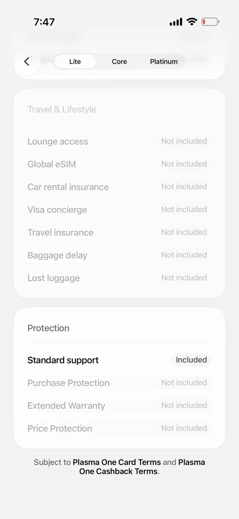 Plasma One Lite benefits screen showing lounge access, eSIM, travel insurance, and purchase protections all marked Not included, with standard support included