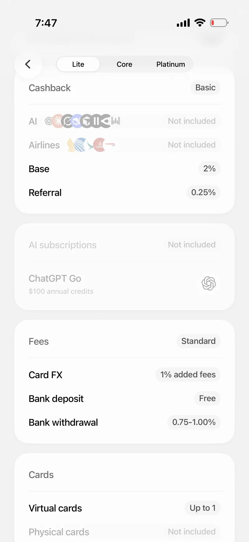 Plasma One Lite cashback and fees screen: 2% base, 0.25% referral, no AI or airline cashback, 1% card FX, free bank deposits, and 0.75 to 1.00% bank withdrawals