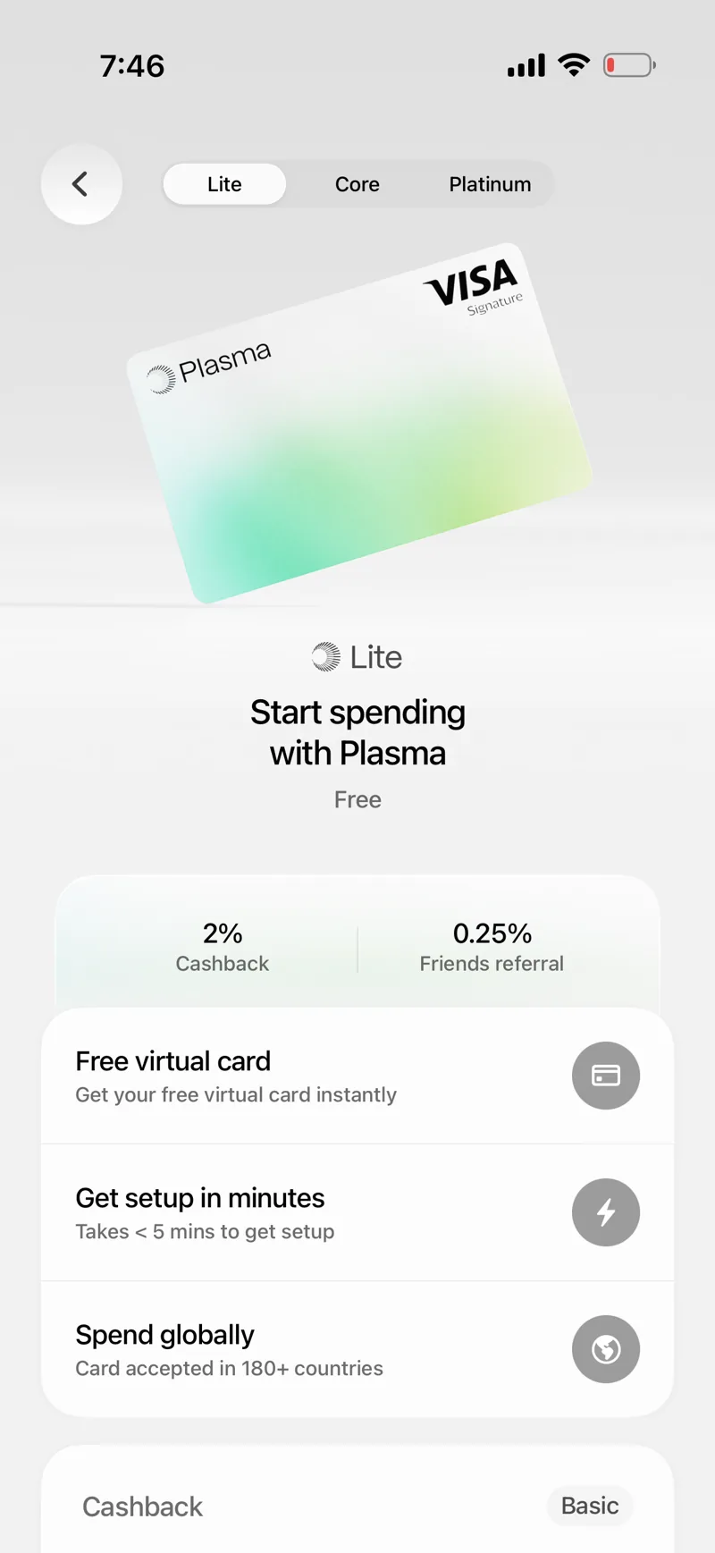 Plasma One Lite tier screen showing the free white Visa card, 2% cashback and 0.25% friends referral, a free virtual card issued instantly, setup in under 5 minutes, and acceptance in 180+ countries