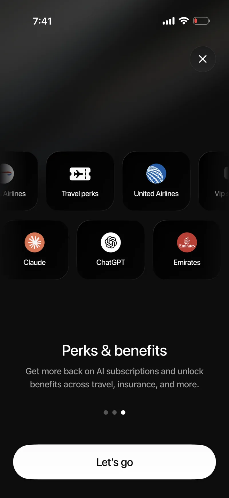 Plasma One perks screen showing tiles for travel perks, United Airlines, Emirates, VIP services, and AI tools including Claude and ChatGPT