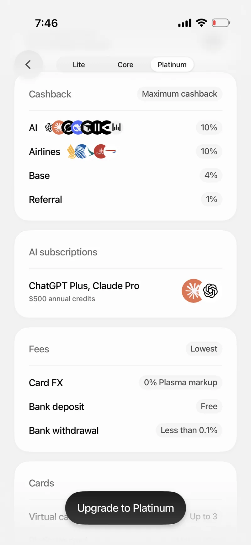Plasma One Platinum cashback and fees: 10% AI, 10% airlines, 4% base, 1% referral, ChatGPT Plus and Claude Pro with up to $480 annual rebates, 0% card FX with no Plasma markup, free bank deposits, and under 0.1% bank withdrawals