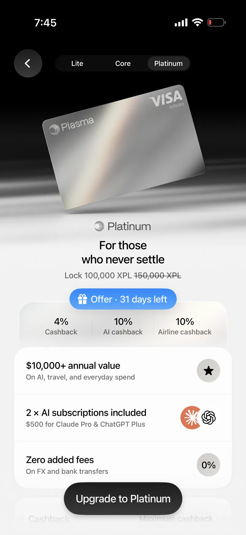 Plasma One Platinum tier screen showing the silver metal Visa Infinite card, 4% cashback, 10% AI cashback, 10% airline cashback, two AI subscription rebates, and zero added fees on FX and bank transfers