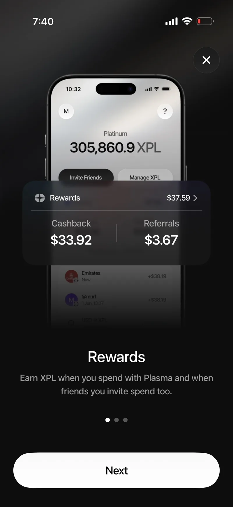 Plasma One Rewards screen showing an XPL balance, total rewards of $37.59 split into $33.92 cashback and $3.67 referrals, with recent XPL credits listed below