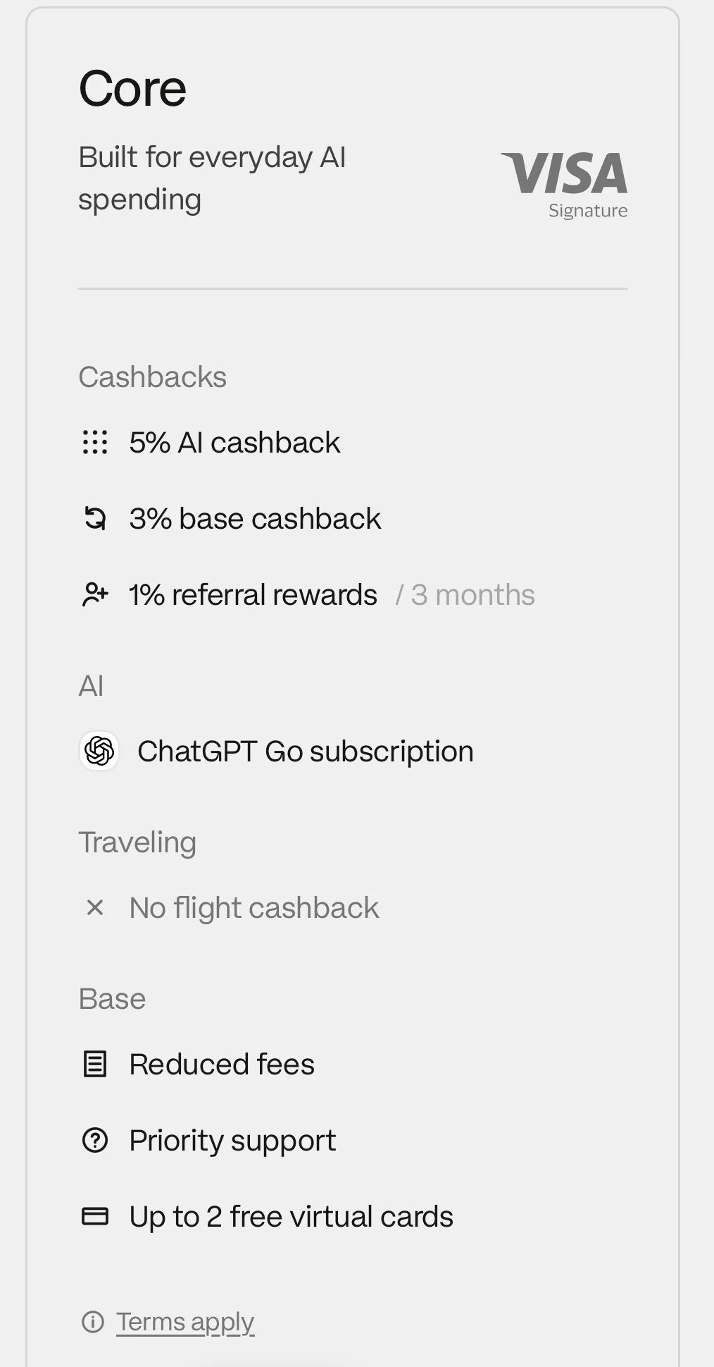 Plasma One Core tier card from Plasma's official website: 5% AI cashback, 3% base cashback, 1% referral rewards, ChatGPT Go subscription, reduced fees, priority support, up to 2 free virtual cards