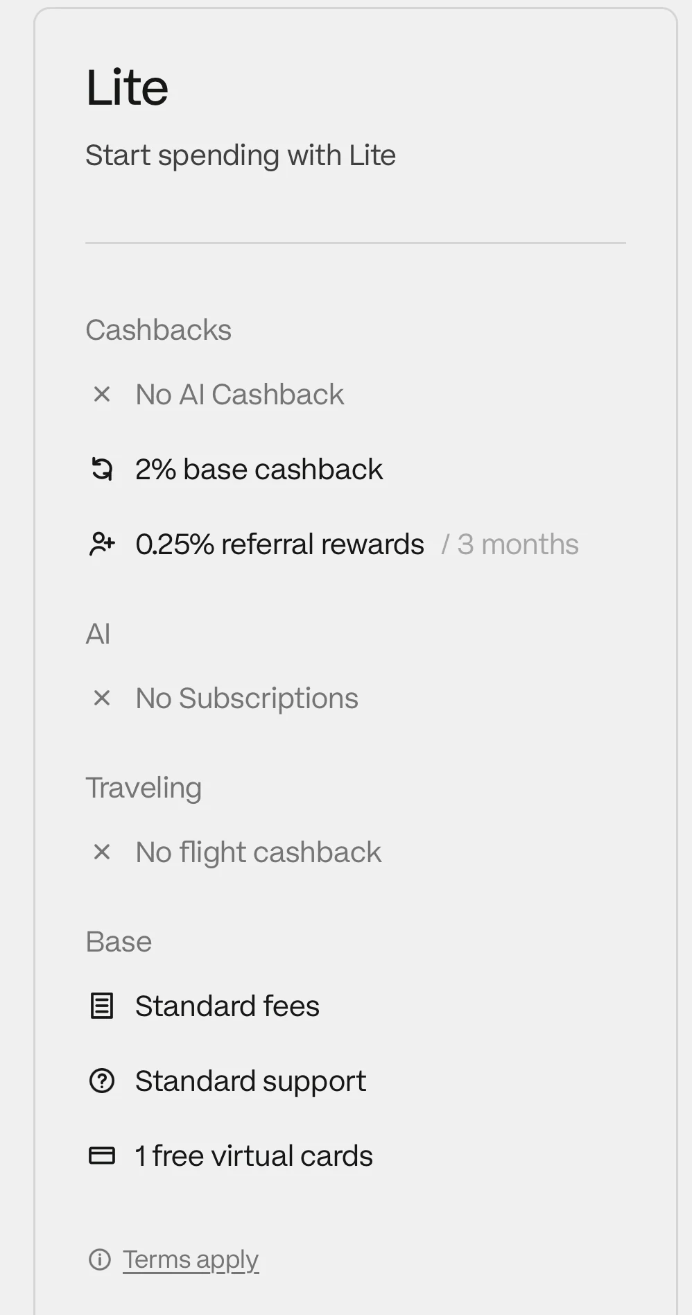 Plasma One Lite tier from Plasma's official website: 2% base cashback, no AI cashback, standard fees and support, one free virtual card