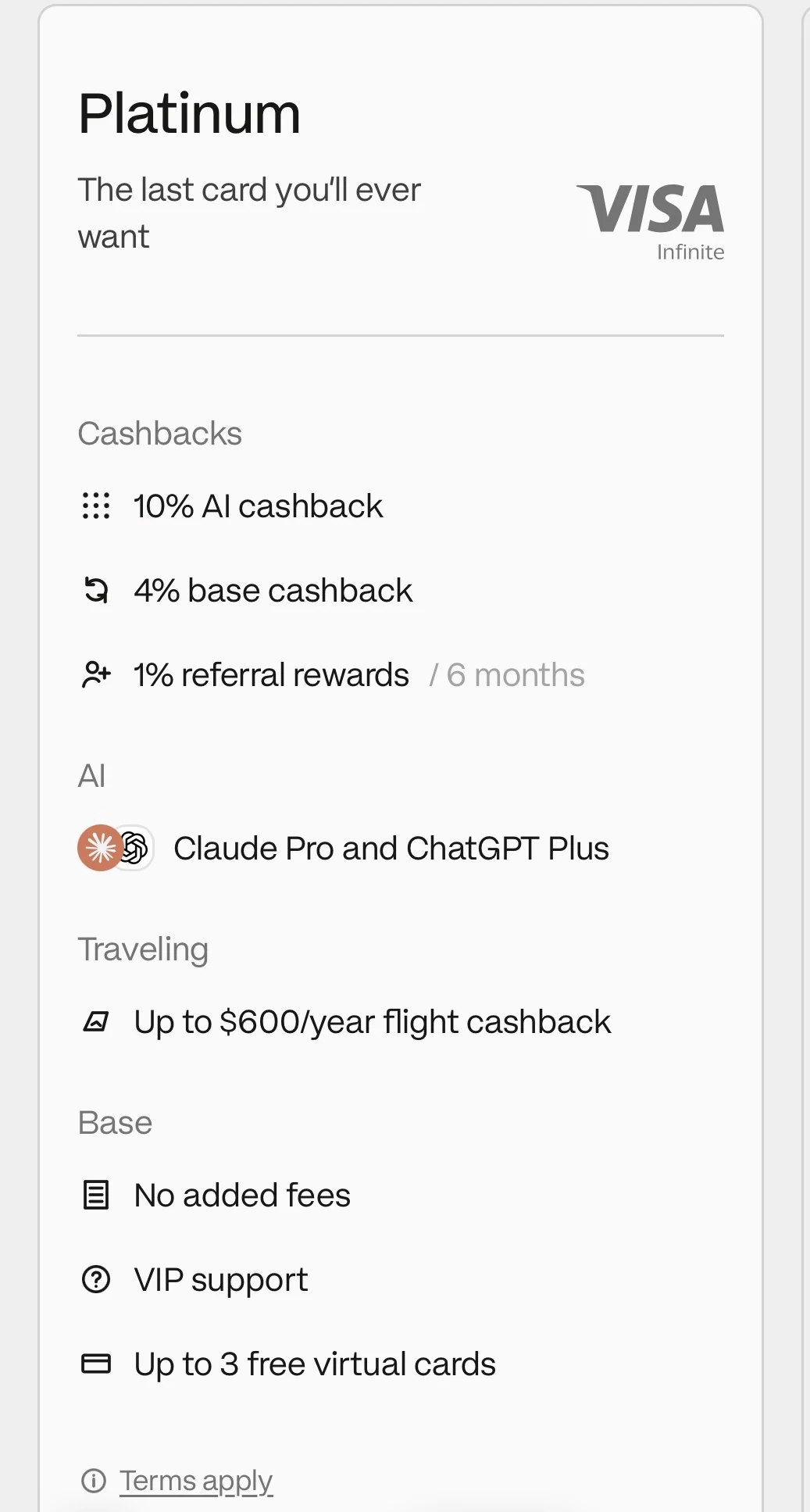 Plasma One Platinum tier card from Plasma's official website: 10% AI cashback, 4% base cashback, 1% referral rewards over 6 months, Claude Pro and ChatGPT Plus, up to $600 per year flight cashback, no added fees, VIP support, up to 3 free virtual cards