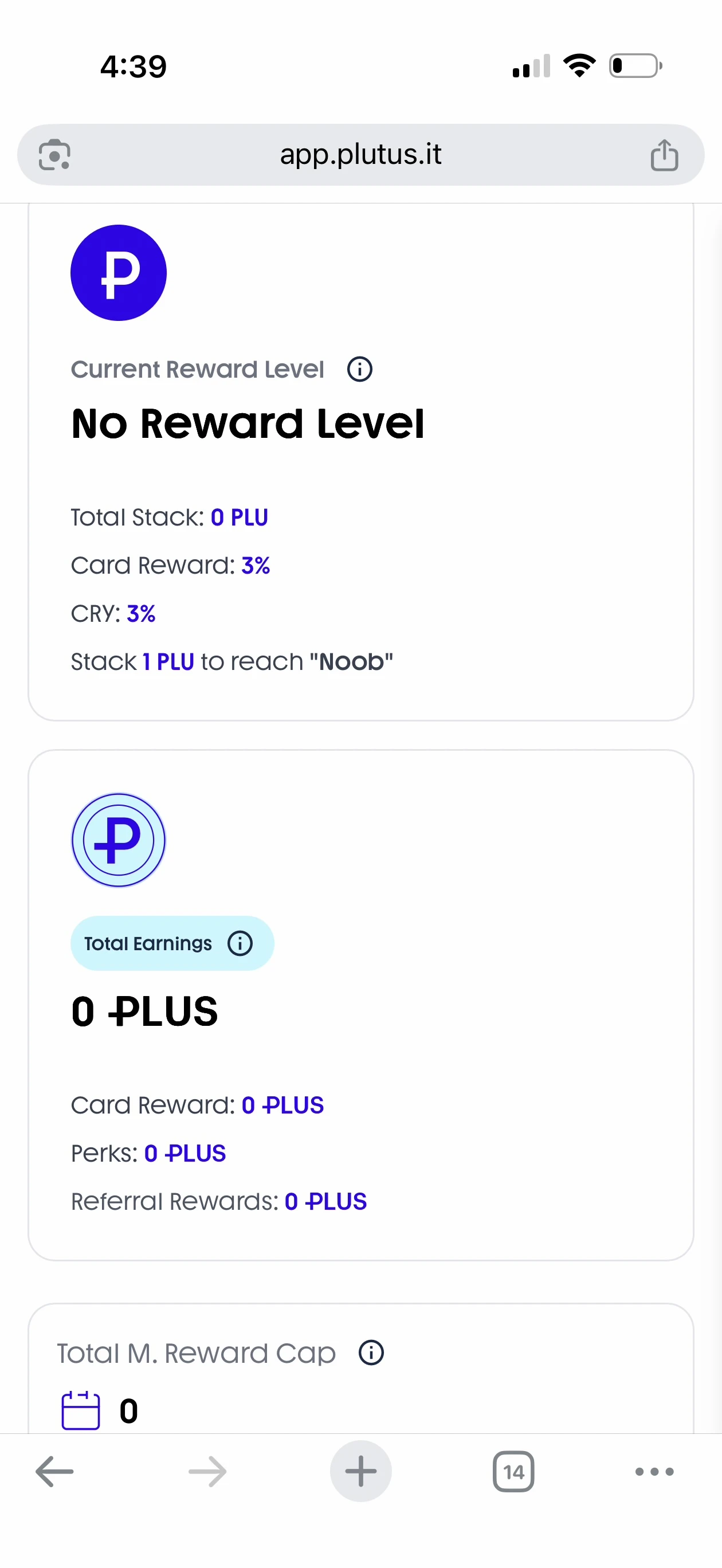 Plutus rewards dashboard showing reward level, cashback rate, and earnings breakdown